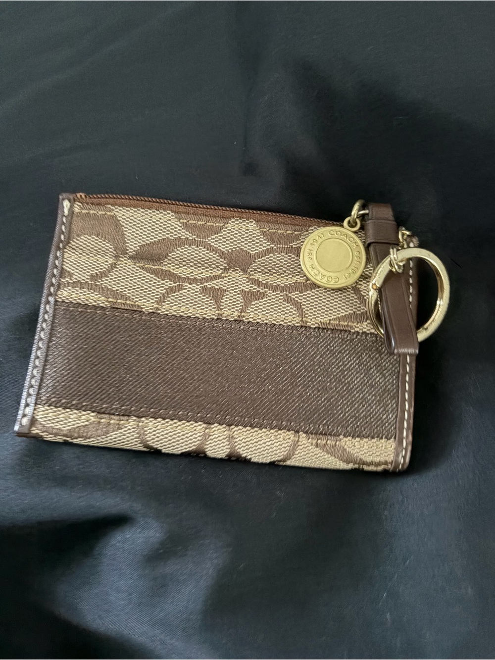 Coach Brown Signature Canvas Key & Card Holder with Gold Hardware